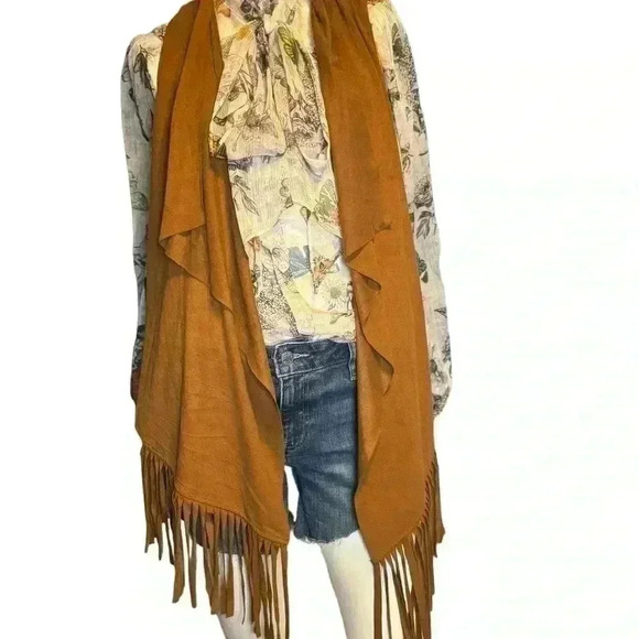 French Laundry Tan Faux Suede Fleece Lined  Draped Front fringe Vest Sz S. G#252 - Picture 3 of 10